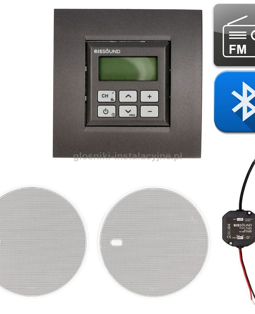 Uruchamianie światłem - Bluetooth + FM = Radio ścienne Eissound czarne z głośnikami 15 cm