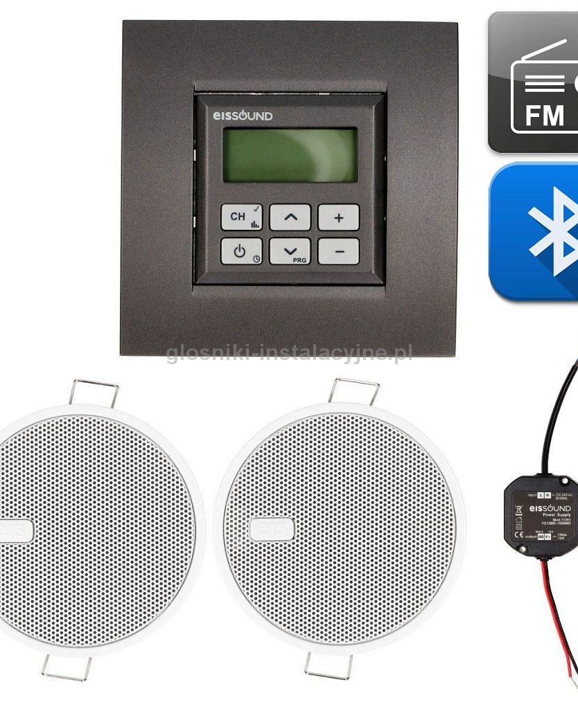 Uruchamianie światłem - Bluetooth + FM = Radio ścienne Eissound czarne z głośnikami 7,6 cm